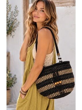 Stylish Boho Black Tan Woven Sisal Natural Fibers leather Suede Handbag Vintage